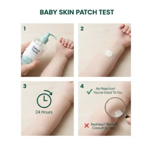 Step-by-step guide on how to perform a patch test using baby wash for sensitive skin on the inner arm.