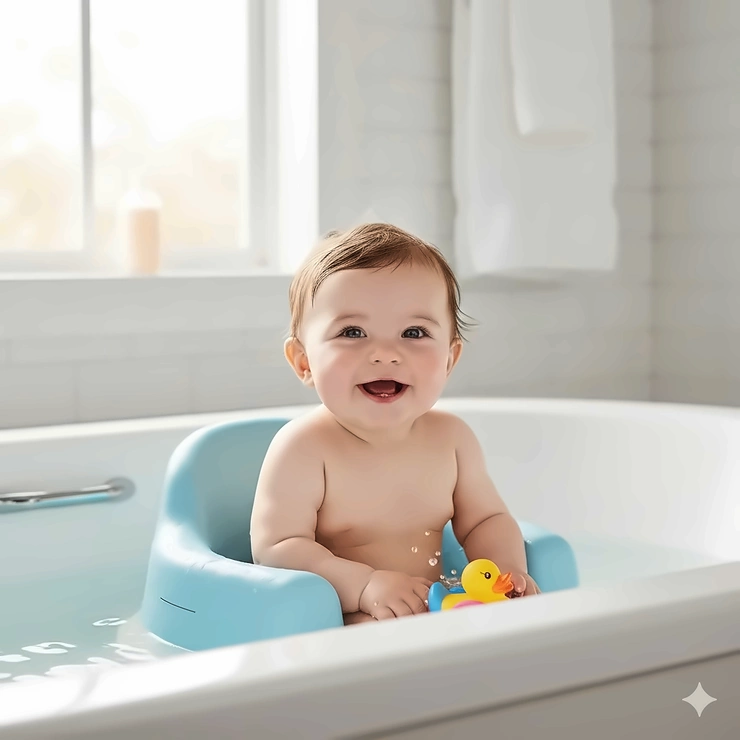 A happy infant sitting securely in a blue baby bath seat inside a standard bathtub.