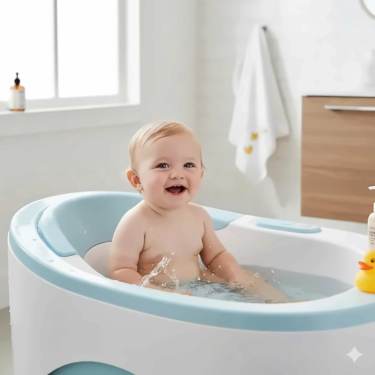 A smiling infant sitting safely in an ergonomic baby bathtub with gentle water splashes. baby bathtub buying guide