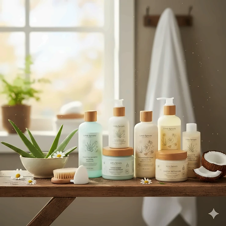 A variety of natural baby hair products including shampoo, conditioner, and detangler on a bathroom shelf.