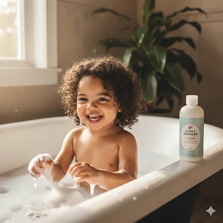 A smiling toddler with defined bouncy curls sitting in a bathtub next to a bottle of organic baby shampoo. baby shampoo for curly hair
