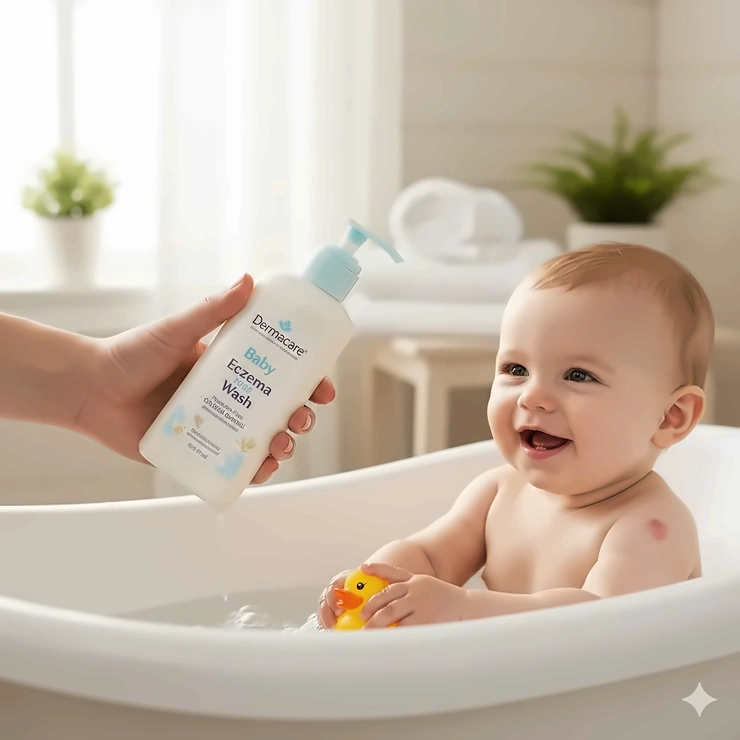 A gentle baby wash for eczema being used during a soothing bath for an infant with sensitive skin.