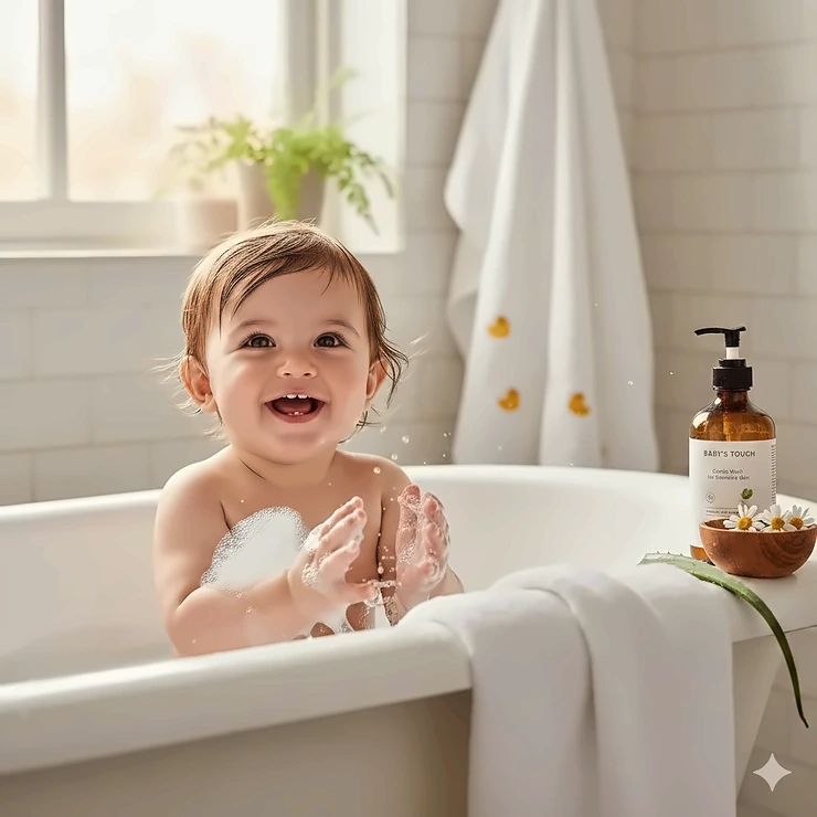 A happy infant during bath time with gentle soap bubbles, emphasizing the best baby wash for sensitive skin. baby wash for sensitive skin