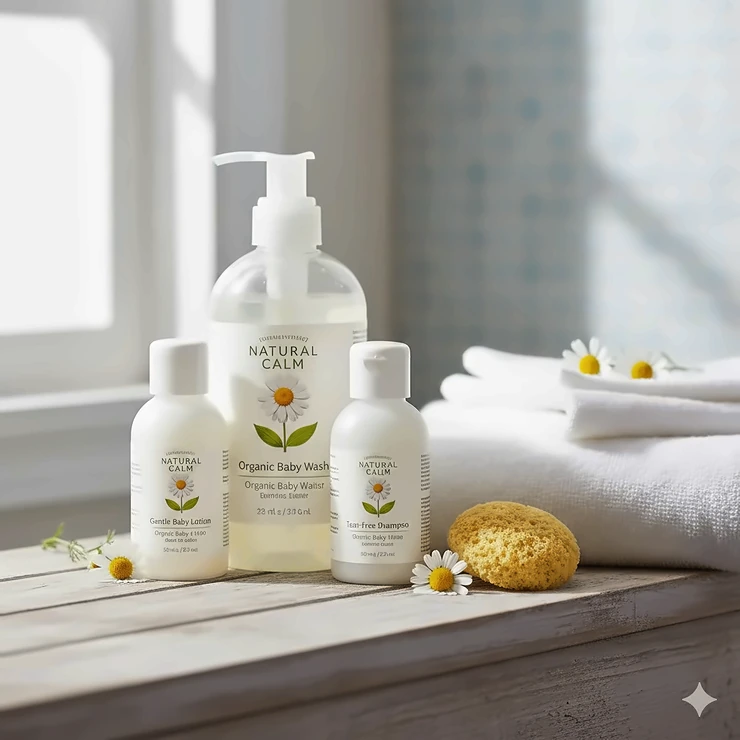 A collection of organic baby wash bottles on a wooden shelf next to a fresh white towel.