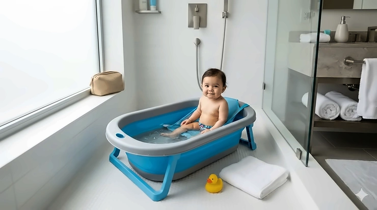 A compact blue portable baby bathtub for travel set up in a modern hotel bathroom.