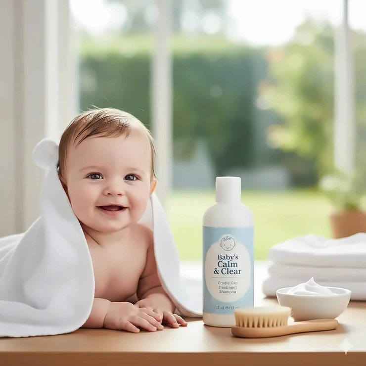 A gentle medicated shampoo bottle for cradle cap next to a smiling infant with a clean scalp. shampoo for cradle cap