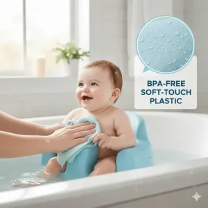 Illustration highlighting the soft-touch, BPA-free plastic material of a premium baby bath seat.