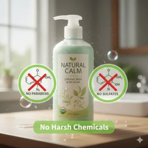 Icons representing No Parabens and No Sulfates found in premium organic baby wash products.