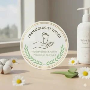 Illustration of a dermatologist-tested seal highlighting hypoallergenic baby bath products.