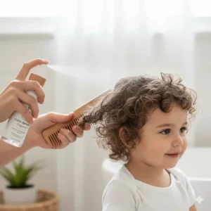 A close-up of a spray bottle containing a gentle detangling solution for curly baby hair.