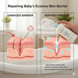Illustration of how a specialized baby wash for eczema helps repair a cracked or dry skin barrier.