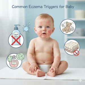 Illustration showing common irritants that cause baby eczema flare-ups like harsh soaps and fragrances.