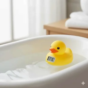 A yellow duck-shaped floating bath thermometer displaying the ideal water temperature for a baby.