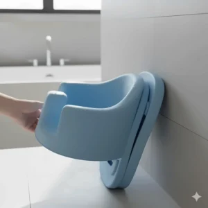 A space-saving foldable baby bath seat shown in a collapsed position for easy storage.