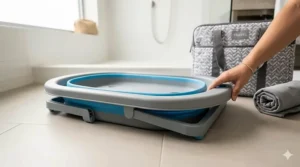 Illustration showing a portable baby bathtub for travel folding flat for easy storage.