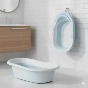 A collapsible baby bathtub shown in both its expanded and folded flat positions for easy storage.