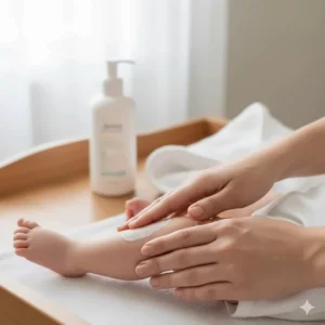 Applying hypoallergenic baby lotion to a newborn's legs as part of a post-bath essential routine.