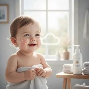 Graphic depicting a soft cloud touching a baby's skin to represent the gentleness of organic baby wash.