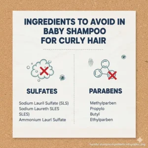 An infographic listing sulfates and parabens to avoid in baby shampoo for curly hair.