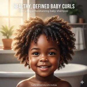 A close-up illustration of shiny, frizz-free curls after using a moisturizing baby shampoo.