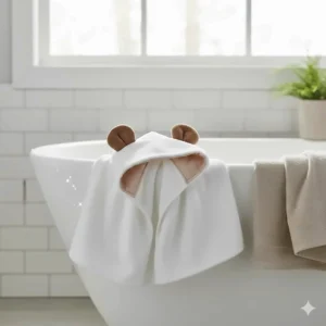 A cozy, absorbent hooded towel with animal ears, perfect for drying off a toddler after their bath.