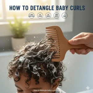 A step-by-step visual of a wide-tooth comb being used on wet baby curls with conditioner.