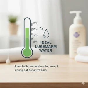 A thermometer icon showing the ideal lukewarm water temperature to prevent drying out sensitive skin.
