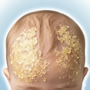 Illustration showing yellow crusty patches and scales on a baby's scalp caused by cradle cap.