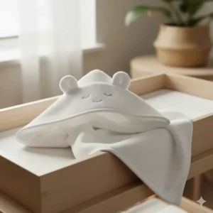 A white cotton hooded baby towel featuring cute animal ears to keep a newborn warm after a bath.