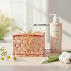 Illustration of a baby’s delicate skin barrier being protected by a moisturizing wash.