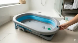 An inflatable portable baby bathtub for travel with a non-slip textured bottom.
