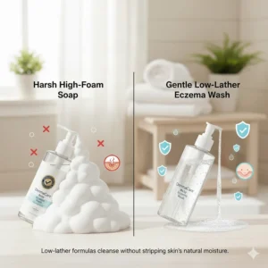Visual comparison between a high-foam harsh soap and a low-lather soap-free baby wash for eczema.