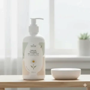 A bottle of tear-free, fragrance-free natural baby shampoo and body wash for newborns.