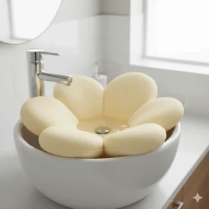 A soft foam flower-shaped sink insert for bathing a newborn baby comfortably.