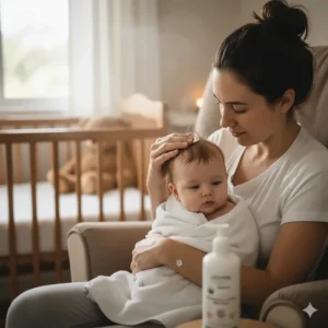 A cozy scene of a baby in a towel being prepared for a nighttime hair care routine with moisturizing cream.