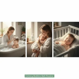 Step-by-step illustration of a calming bedtime bath routine using organic baby wash.