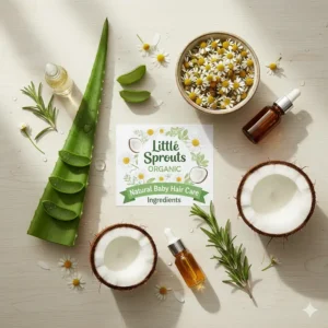Flat lay of organic ingredients used in baby hair products like aloe vera, chamomile, and coconut oil.