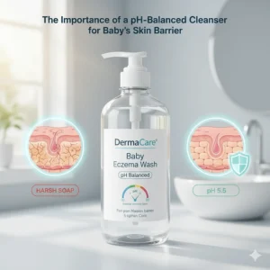 A diagram showing the importance of a pH-balanced baby wash for maintaining a healthy skin barrier.