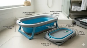 A diagram showing the open and closed dimensions of a portable baby bathtub for travel.