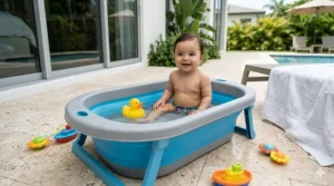A baby using a portable bathtub as a small splash pool on a sunny patio.