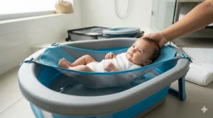 A portable baby bathtub for travel featuring a mesh sling for newborn safety.