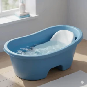 An ergonomic blue newborn bathtub with a non-slip infant insert for safe bathing.