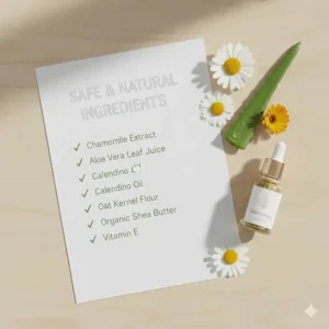 A checklist of safe, natural ingredients in baby wash for sensitive skin like chamomile and aloe vera.
