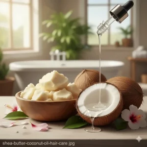 Illustration of raw shea butter and coconut oil, common ingredients in curly baby hair products.
