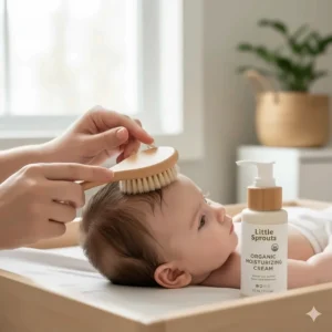 A wooden soft-bristle brush used alongside moisturizing baby hair products to style fine infant hair.