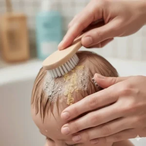 Using a soft-bristled baby brush to loosen scales after applying shampoo for cradle cap.