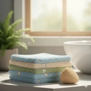 A stack of soft, organic cotton washcloths used as essential bath products for toddlers.
