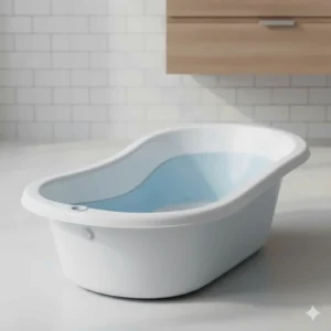 A classic contoured plastic baby bathtub with a non-slip surface and drain plug.