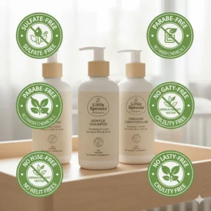 Graphic highlighting sulfate-free and paraben-free icons on baby hair product packaging.