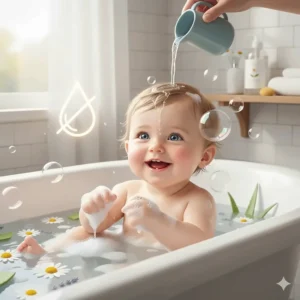 A gentle illustration showing a happy baby in a bath, highlighting the tear-free organic baby wash formula.